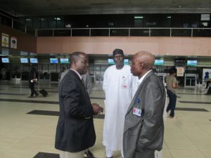 L-R: Airport Manager, Murtala Muhammed International Airport, Lagos;  Nehemiah Auta, Director of Security Services, Group. Capt. USA Sadiq, and Managing Director, FAAN,Engr. Saleh Dunoma during the inspection visit to the Lagos airport terminal, 