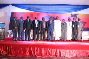 L-R: Managing Director; Nigeria Airspace Management Agency; Capt. Fola Akinkuotu, The Commissioner, Accident Investigation Bureau (AIB) Engr. Akin Olateru, Director General, Nigerian Civil Aviation Authority (NCAA); Capt. Muktar Usman, 2nd Vice President, International Civil Aviation Organisation (ICAO), Capt. Musa Nuhu; President, International Civil Aviation Organisation (ICAO) Dr. Olumuyiwa Bernard Aliyu; Hon. Minister of State for Aviation, Sen. Hadi Sirika; Secretary General, African Civil Aviation Commission, Ms.Iyabo O. Sosina; Managing Director, Federal Airports Authority of Nigeria (FAAN), Engr. Saleh Dunoma; Rector, Nigerian College of Aviation and Technology (NCAT), Capt Muhammed Abdulsalam; Director General, Nigerian Meteorological Agency (NIMET); Prof.Sani Abubakar Mashi 