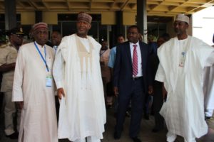 L-R: Managing Director, Federal Airports Authority of Nigeria (FAAN), Engr. Saleh Dunoma; Minister of State for Aviation, Sen. Hadi Sirika; International Civil Aviation Organisation (ICAO) Dr Olumuyiwa Bernard Aliyu; Permanent Secretary, Ministry of Transportation, Alhaji Sabiu Zakari