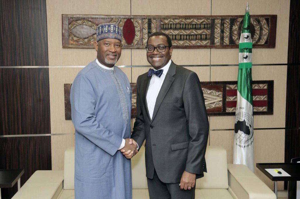 L-R: Minister of State for Aviation, Senator Hadi Sirika and Africa Development Bank President, Dr Akinwumi Adesina after their discussions on Funding for the proposed National Carrier, Maintenance Repair and Overhaul (MRO) facility, Concession etc.. recently. Photo: Aviation Press Office