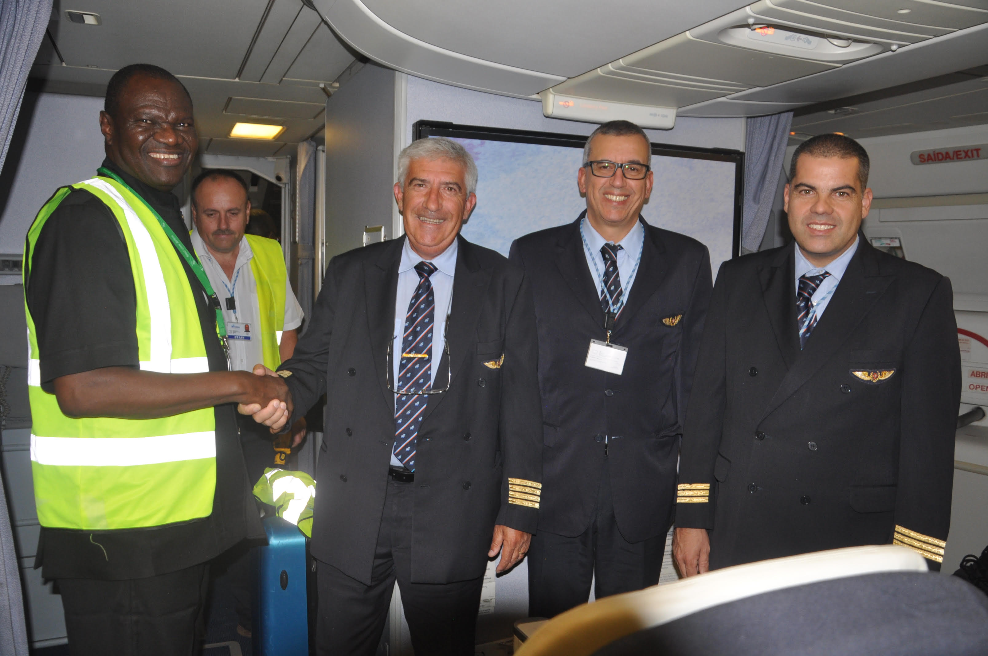 From L-R: Chief Operating Officer, Med-View Airline Plc, Engr. Lookman Animashaun receiving Capt. Jose Dores B757-B767, Communications Commandant/Captain, Ltc-Line Training Captain, Atlanta Airways, Capt. Bruno Parga, and Flight Officer Paulo Marques on the arrival of the new Aircraft B777-200m of Med-View Airline Plc at the Murtala Mohammed International Airport, Ikeja, Lagos yesterday. 