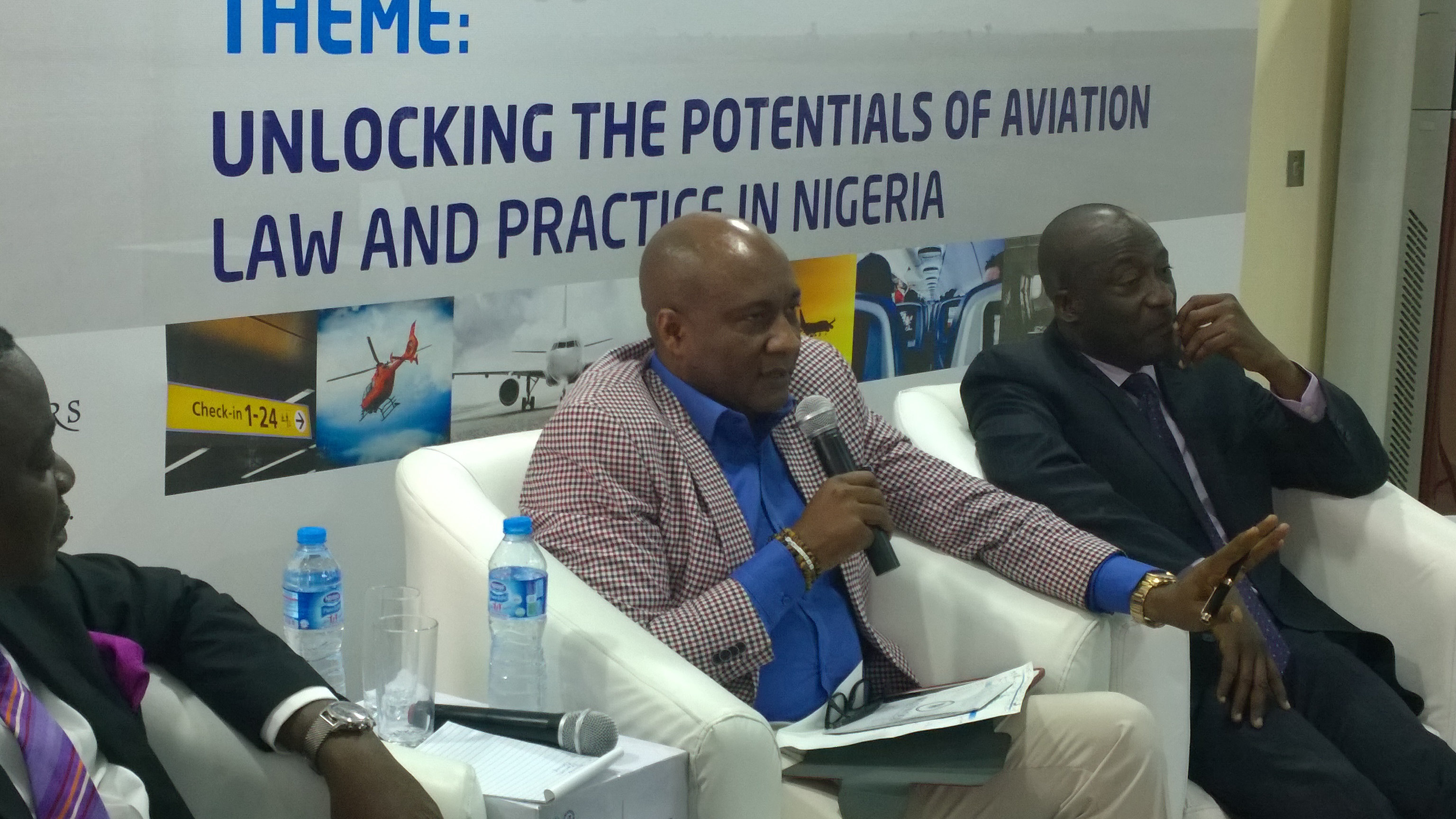  Chairman/Chief Executive Officer of Air Peace, Mr. Allen Onyema flanked by Partner, Olaniwun Ajayi LP, Mr. Oluseye Opasanya, SAN (left) and Managing Partner, JurisLaw, Mr. Pekun Sowole during Nigerian Bar Association (NBA) Section on Business Law, Aviation Committee Conference in Lagos on Tuesday.  