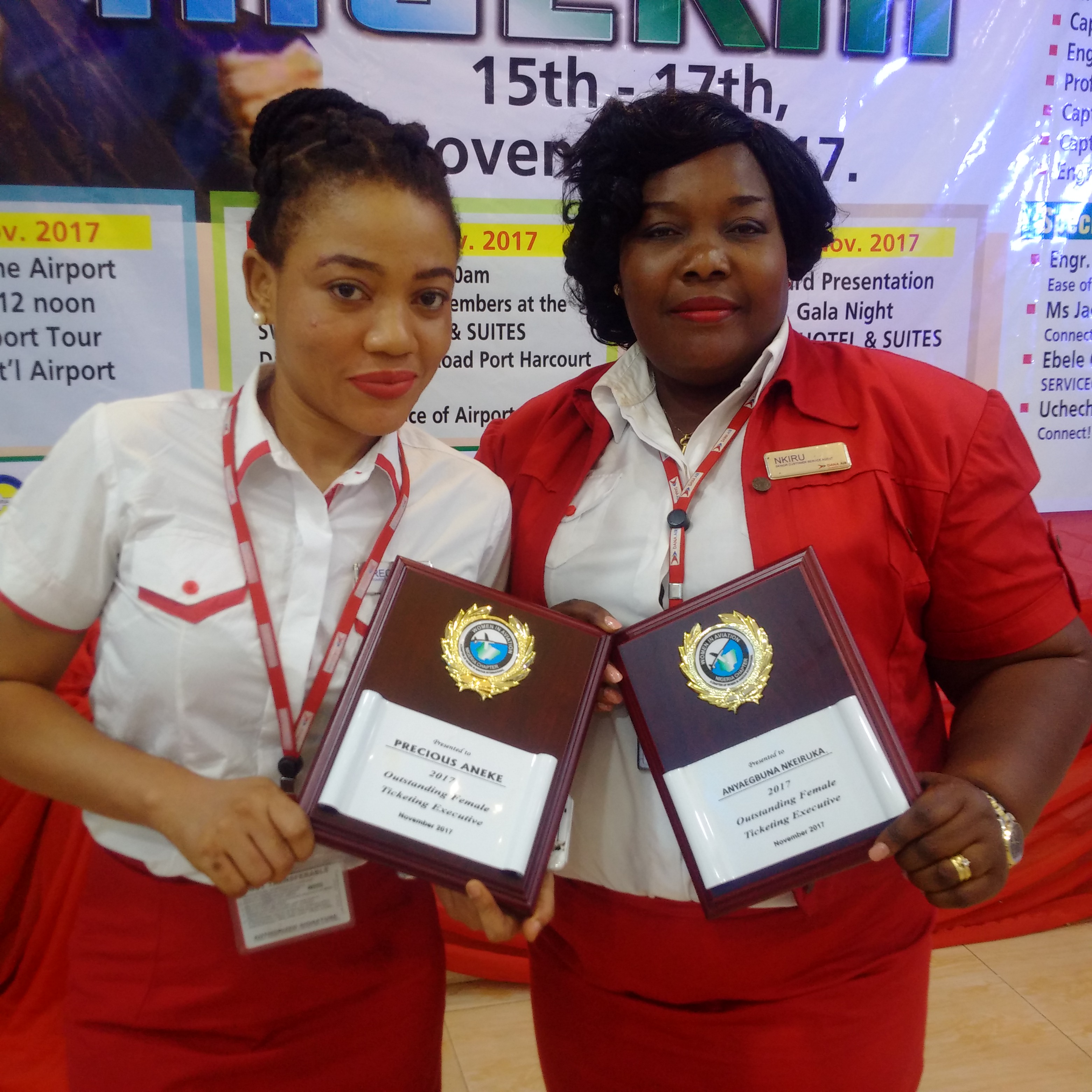 Two of the eight Dana Air Customer Service Agents who won awards at the Women In Aviation conference held in Port Harcourt