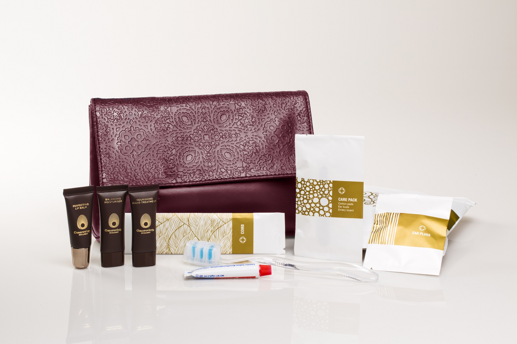 Some of the Etihad Airways  products: Christian Lacroix female amenity bag contents