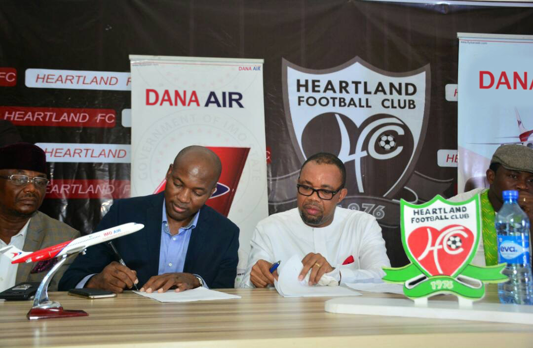  L-R Special Adviser to the Imo state Governor, Barrister Steve Asimobi, Accountable Manager/ COO of Dana Air, Mr Obi Mbanuzuo and Heartland FC Chairman, Mr. Goodfaith Etuemena during the signing of Dana Air's sponsorship deal with Heartland FC of Imo state. 