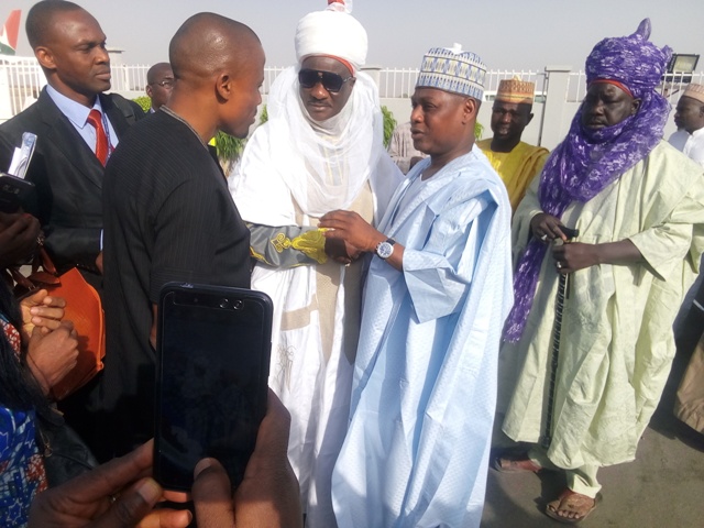 From L to R , the General Manger , Corporate Communications, Mr Chris Iwarah, the representative of the Emir of Kano, Jakadan Hausa, Alhaji Ibrahim Sambo and the Chairman of IRS Airlines , Alhaji Rabiu Isiaku Rabiu during the inaugural flight of Air Peace to Kano at the Mallam Aminu Kano Airport, on Tuesday. 