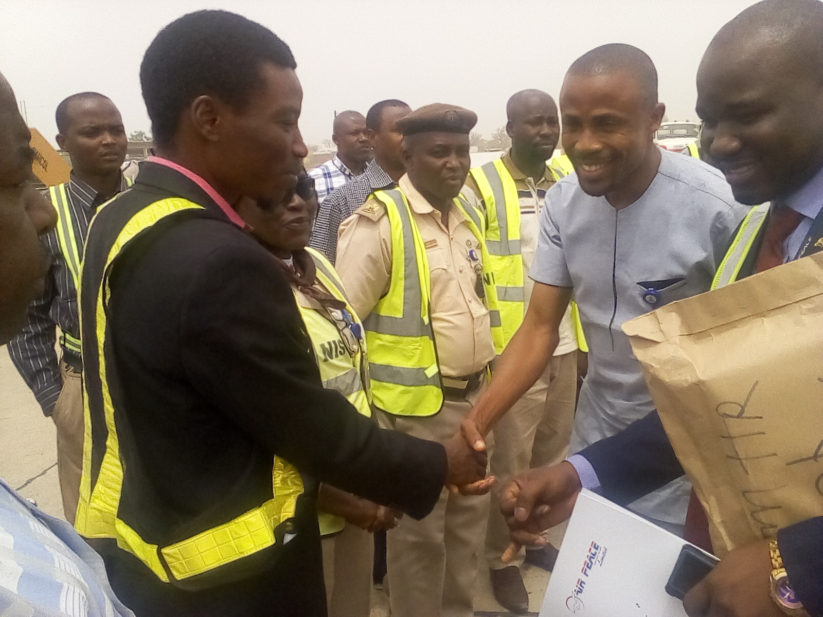 the Corporate Communication Manger of AirPeace, Mr. Chris Iwarah Centre, Being welcome to Yola Airport during the inaugural flight of the airline to Yola, Adamawa State on Thursday