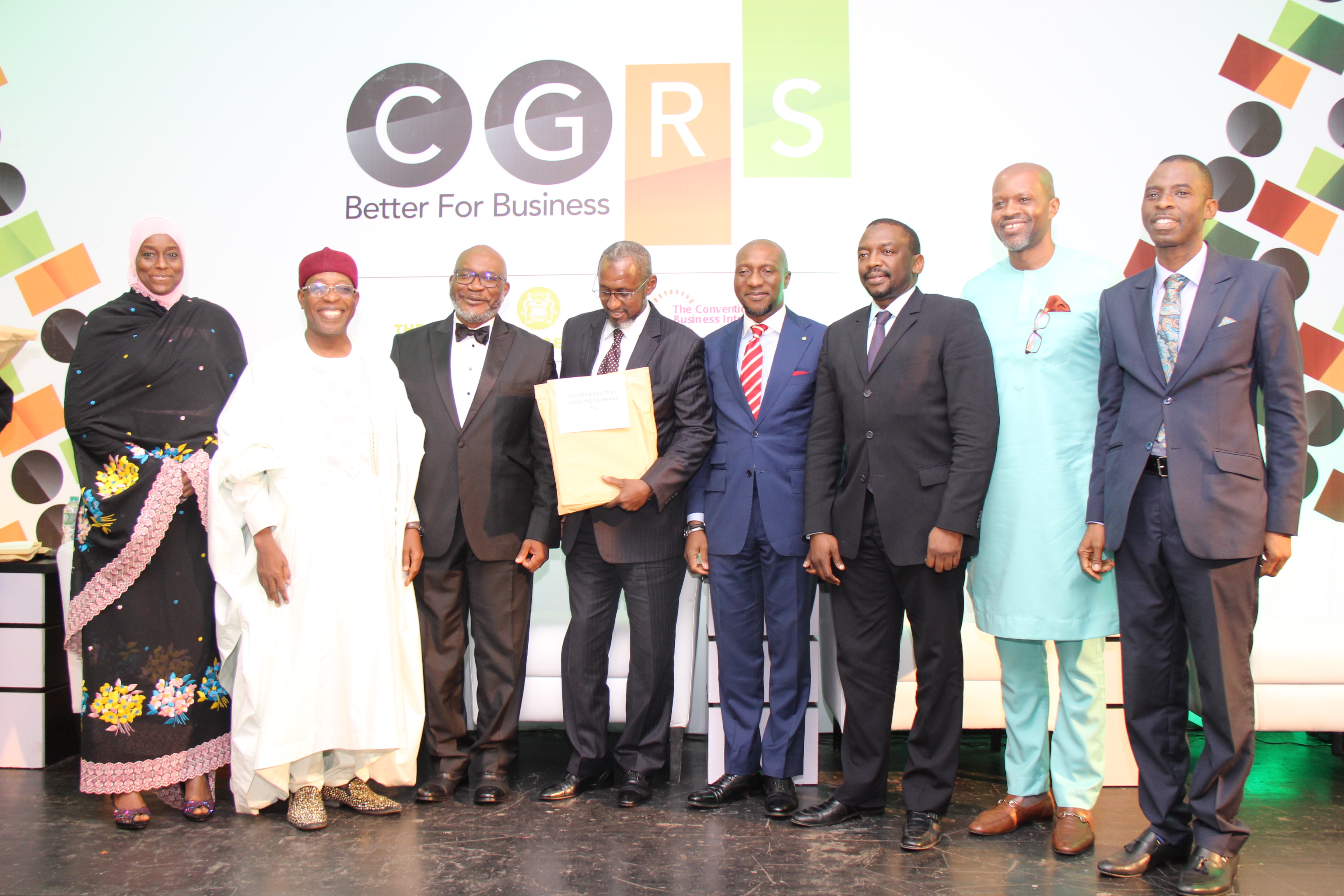 From left, Director, nahco aviance, Ms. Hadiza Aliko - Mohammed; former Director, nahco aviance, Dr. Faruk Umar; Co-founder, The Convention on Business Integrity (CBi) Mr. Soji Apampa; Chairman, nahco aviance, Arc., Usman Arabi Bello; Chief Executive Officer, Nigerian Stock Exchange (NSE), Mr. Oscar Onyema; , Director, nahco aviance Barr. Tijjani Ahmed Uwais; former Director, nahco aviance Mr. Ike Nwanchukwu and former Managing Director/Chief Executive Officer, nahco aviance, Mr. Kayode Oluwaseun-Ojo during the Corporate Governance Rating System (CGRS) certification ceremony held on February 22, 2018, at the Civic Centre, Victoria Island, Lagos.