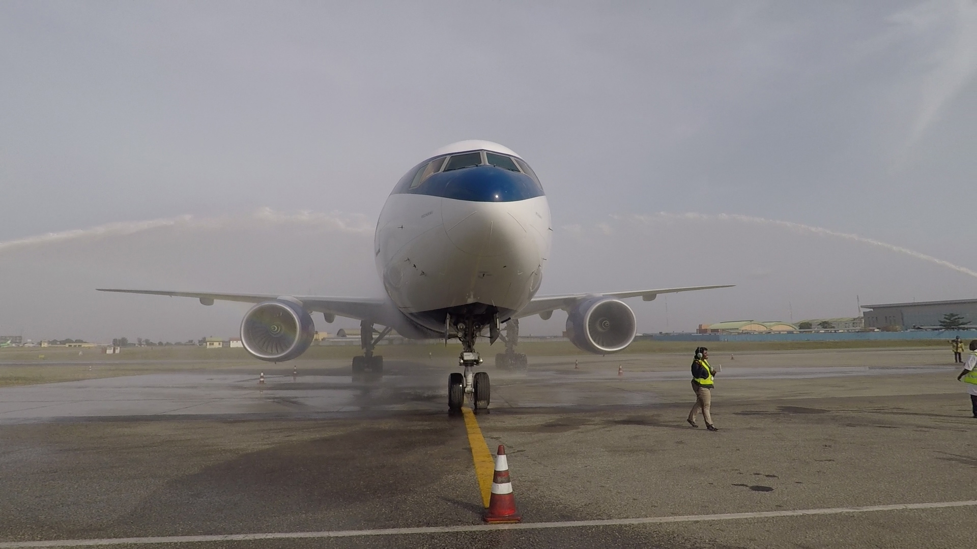 Boeing B777-200 aircraft being welcome to Murtala Muhammed IInternational Airport, Lagos with the traditional showers by the airport officials.