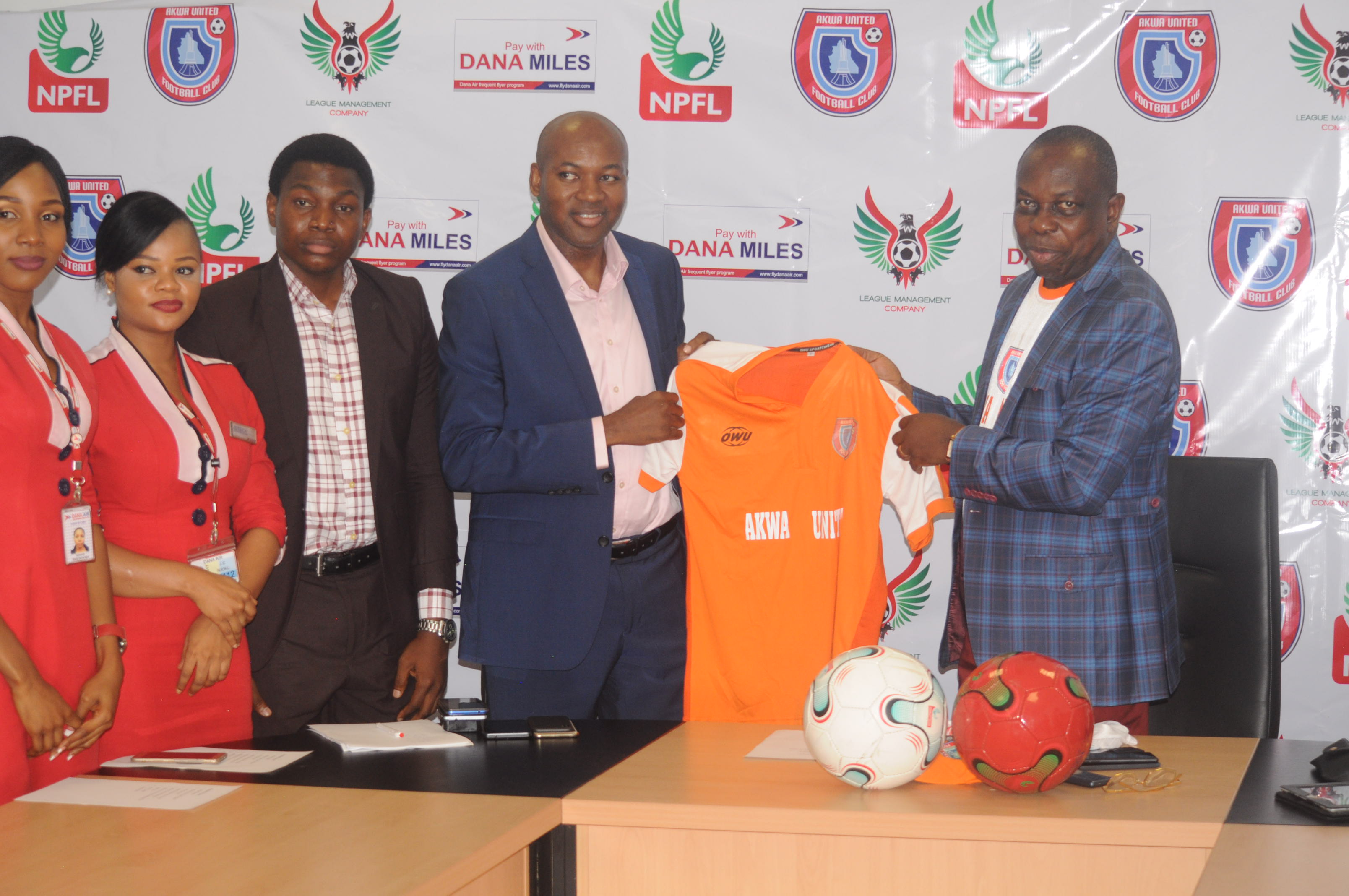 L-R Dana Air Customer Service Agent,  Miss Jessica Njoku; Communications Manager of Dana Air, Mr. Kingsley Ezenwa; Dana Air's Chief Operating Officer, Mr Obi Mbanuzuo and Akwa United FC Chairman, Elder Paul Bassey,  during the signing of the sponsorship deal between Dana Air and Akwa United Fc recently in Uyo.