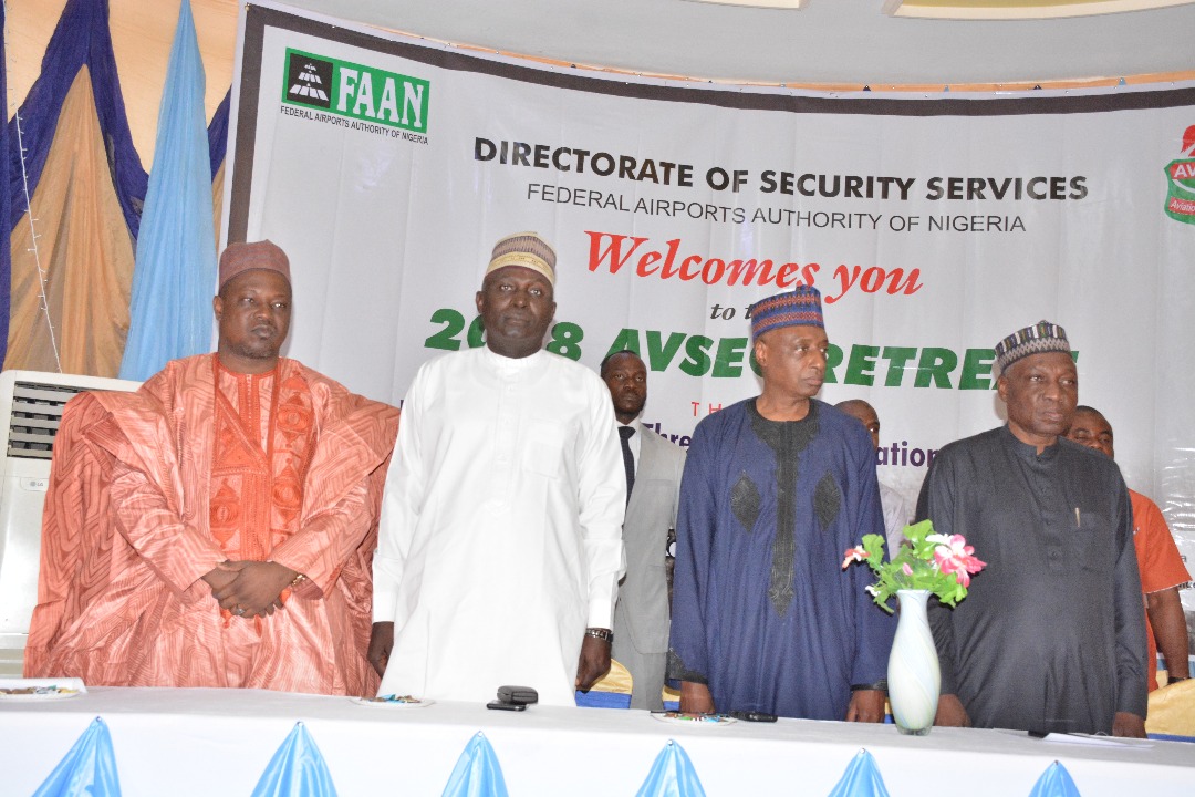 L:R Director of Engineering Services Federal Airports Authority of Nigeria (FAAN), Engr Salisu Daura; Director of Security Services FAAN, Rtd Group Captain USA Sadiq;  Representative of  Honourable Minister of state Aviation, Sen. Hadi Sirika,  Rector NCAT, Capt Muhammed Abdulsalam and Managing Director of FAAN, Engr. Saleh Dunoma at the 2018 AVSEC retreat holding in Kastina, Kastina State.