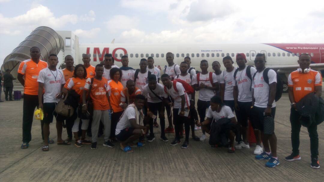 The Akwa Ibom team and officials shortly before take off at Ibom International Airport, Uyo, Akwa Ibom State today.