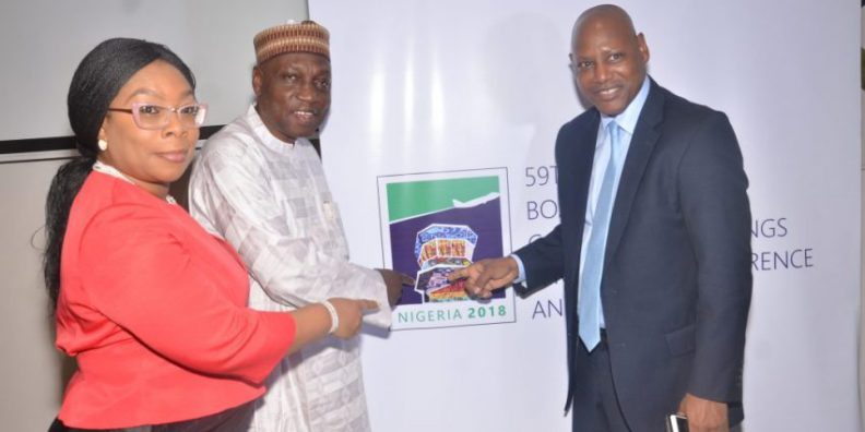 L-R:  co-Chairperson Planning Committee/Director, Finance & Accounts Federal Airports Authority of Nigeria (FAAN) Mrs. Adenike Aboderin; President ACI-Africa/MD/CEO, FAAN, Engr. Saleh Dunoma; Chairperson Planning Committee/Director, Commercial & Business Development, FAAN, Mr. Sadiku Rafindadi, during the unveiling logo of the 59th ACI-Africa Board and Regional Committees Meetings & Regional Conference and Exhibition to be hosted by FAAN from April 14-20, 2018 in Lagos, today.